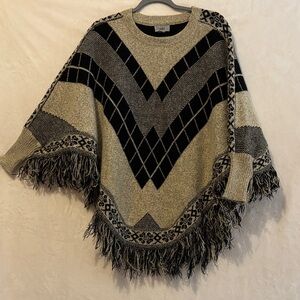 Chic Black and Gray Women's Poncho with Fringe